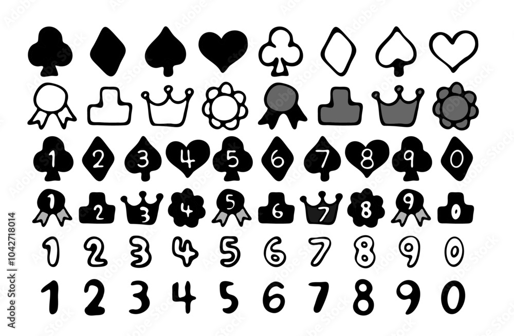 Monochrome set of hand drawn numbers and icons Monochrome set of hand drawn numbers and icons