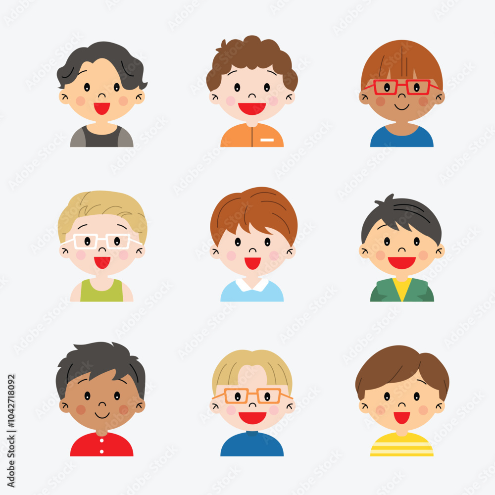 Group of boys avatar cute illustration in different outfits and hairstyle simple minimalist design kawaii decorative element set icon bundle drawing Group of boys avatar cute illustration in different outfits and hairstyle simple minimalist design kawaii decorative element set icon bundle drawing