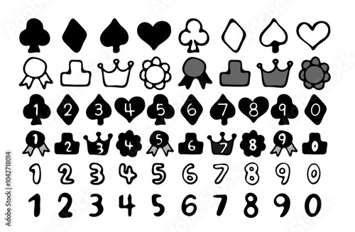 Monochrome set of hand drawn numbers and icons