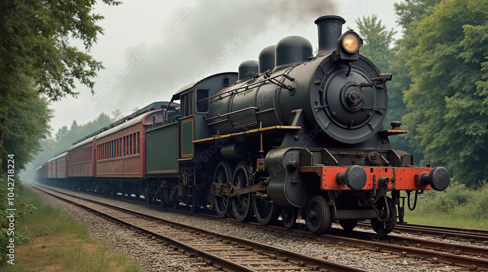 Naklejka premium Vintage steam locomotive traveling through lush forest landscape