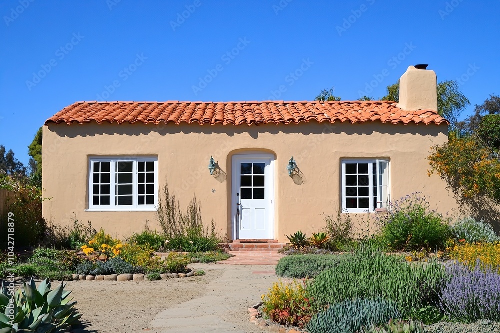 A photo of the front view exterior of an adobe-style single-story home in San Diego A photo of the front view exterior of an adobe-style single-story home in San Diego