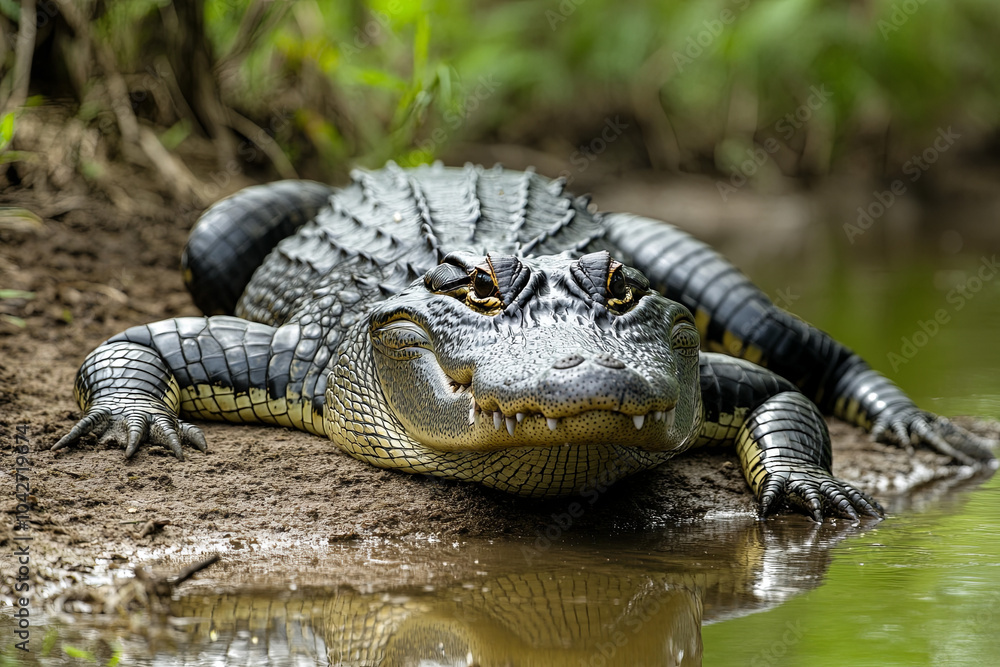 Alligator sunbathing on a riverbank in a swamp Alligator sunbathing on a riverbank in a swamp