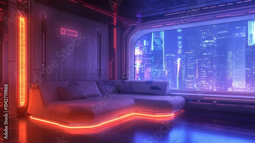 Wallpaper Mural Neon Oasis: Cyberpunk Cozy Corner in High-Tech Living Room Digital Illustration Torontodigital.ca