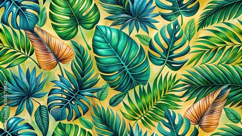 High angle view of tropical foliage pattern in vibrant gouache paint