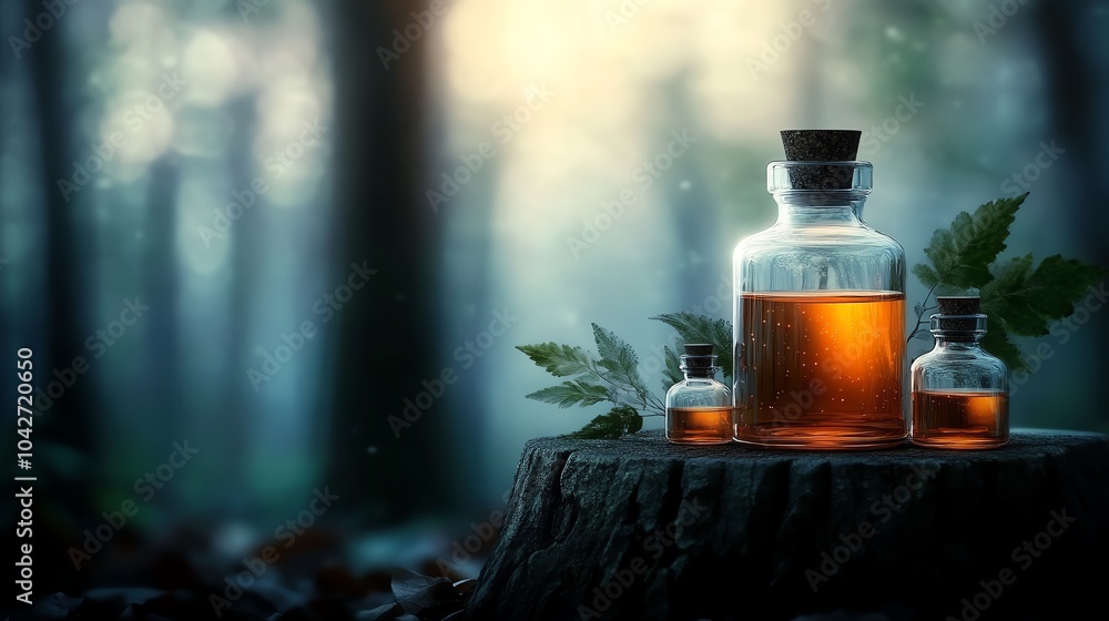 Glass bottles containing amber liquid on a wooden stump, softly illuminated by nature. Glass bottles containing amber liquid on a wooden stump, softly illuminated by nature.
