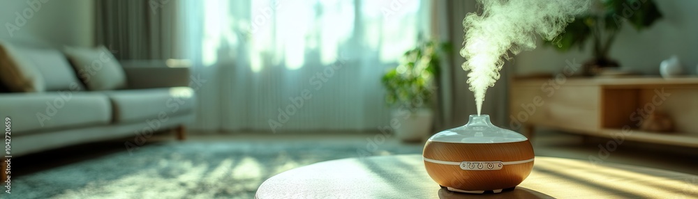 Softly lit room with a diffuser, aroma misting into the air, creating a calming ambiance Softly lit room with a diffuser, aroma misting into the air, creating a calming ambiance
