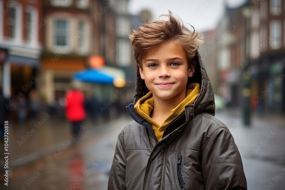Portrait of a cute young boy in a winter jacket on a city street Portrait of a cute young boy in a winter jacket on a city street