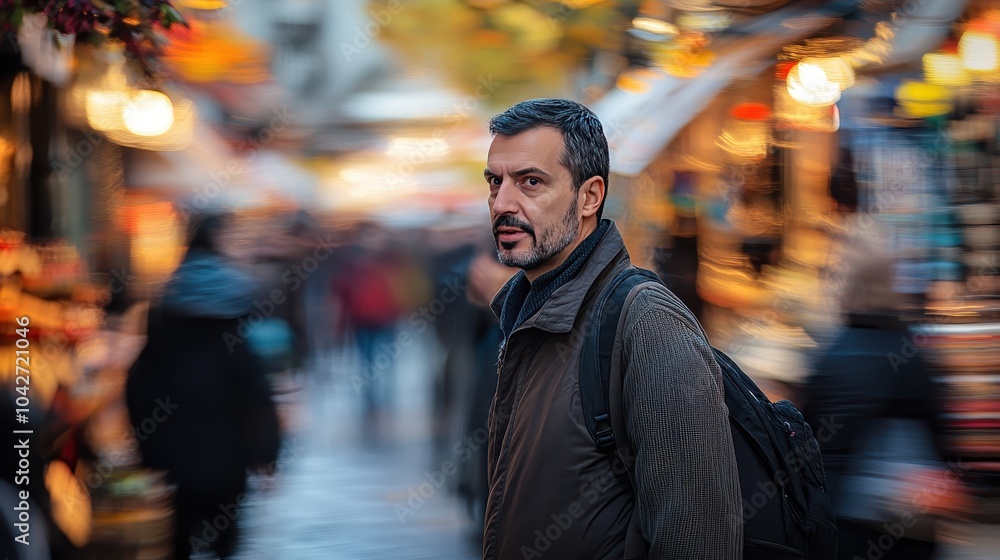 Man Engaged in Conversation in Bustling Street Scene Man Engaged in Conversation in Bustling Street Scene