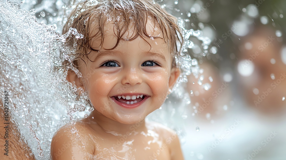 Happy child enjoying water splash, bright joyful expression. Happy child enjoying water splash, bright joyful expression.