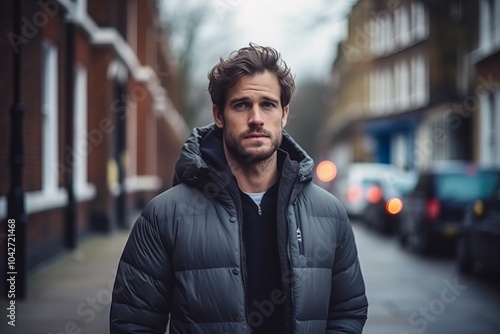 Handsome young man in winter jacket standing in the street.