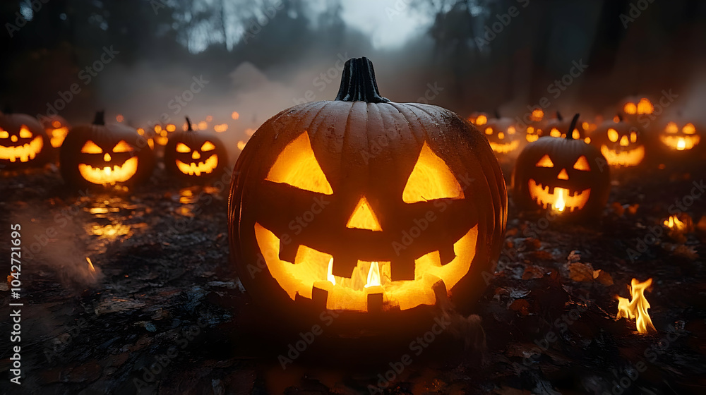 Spooky Halloween Jack-o'-Lantern in a Foggy Forest - Realistic 3D Image Spooky Halloween Jack-o'-Lantern in a Foggy Forest - Realistic 3D Image