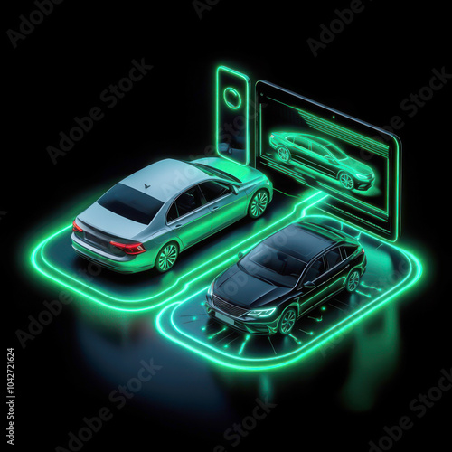 Electric cars with holographic display, black isolated background