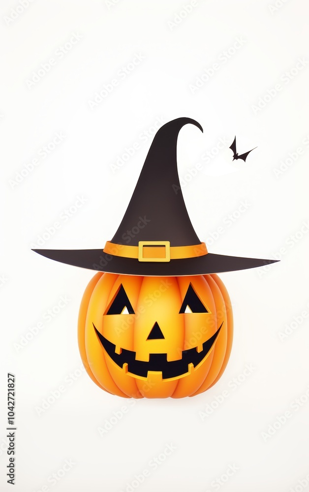 A cheerful Halloween pumpkin wearing a witch's hat, complete with a smiling face, set against a plain background. A cheerful Halloween pumpkin wearing a witch's hat, complete with a smiling face, set against a plain background.