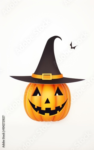 A cheerful Halloween pumpkin wearing a witch's hat, complete with a smiling face, set against a plain background.