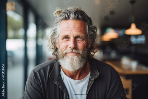 Portrait of senior man with grey hair and beard in a cafe.