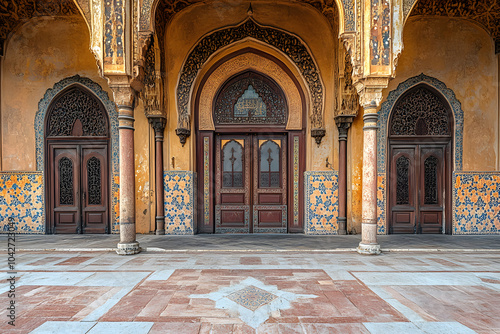 Intricate architectural details of a historical mosque, showcasing grand doors, elaborate arches, and colorful mosaics