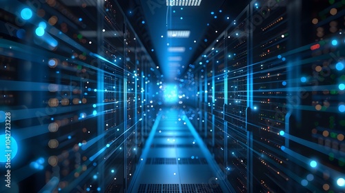 Futuristic Digital Data Center Network Diagram with Abstract Wireframe Technology