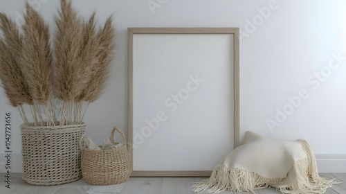 Fototapeta Naklejka Na Ścianę i Meble -  Vertical frame mockup standing on wooden floor in living room interior with dried pampas grass, woven basket, blanket and pillow with tassels on white wall background. 3d rendering, 3d illustration 
