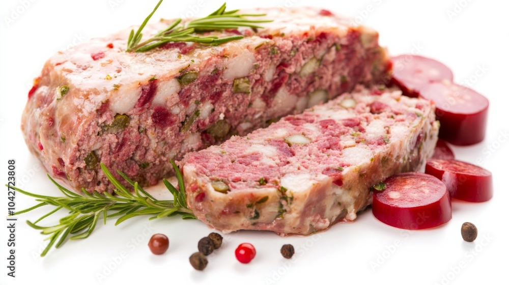 Delicious Meatloaf on White Background with Fresh Herbs Delicious Meatloaf on White Background with Fresh Herbs