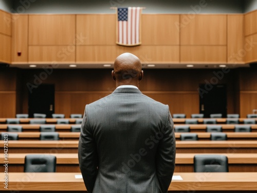 A Solemn Reflection Standing in a Courtroom Before the American Flag