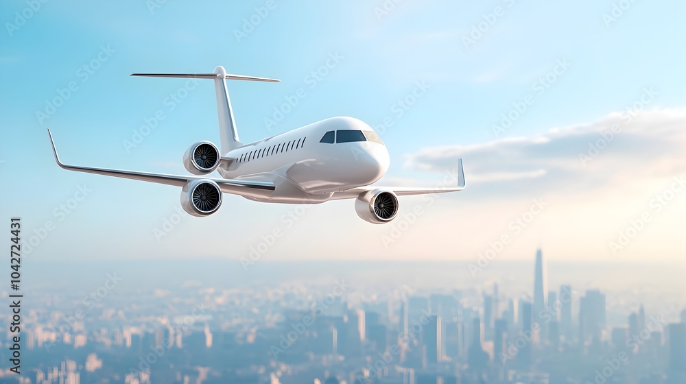 Airplane Soaring Over Futuristic City Skyline with Space for Travel Text Airplane Soaring Over Futuristic City Skyline with Space for Travel Text