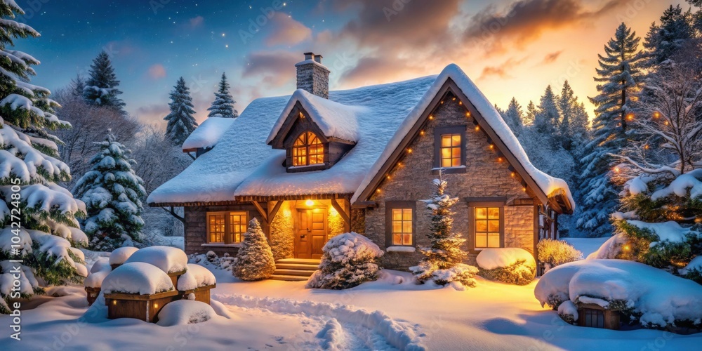 Fototapeta premium Cozy winter Christmas of a cottage house covered in snow, winter, Christmas,card, cottage, house, cozy, snowy, holiday