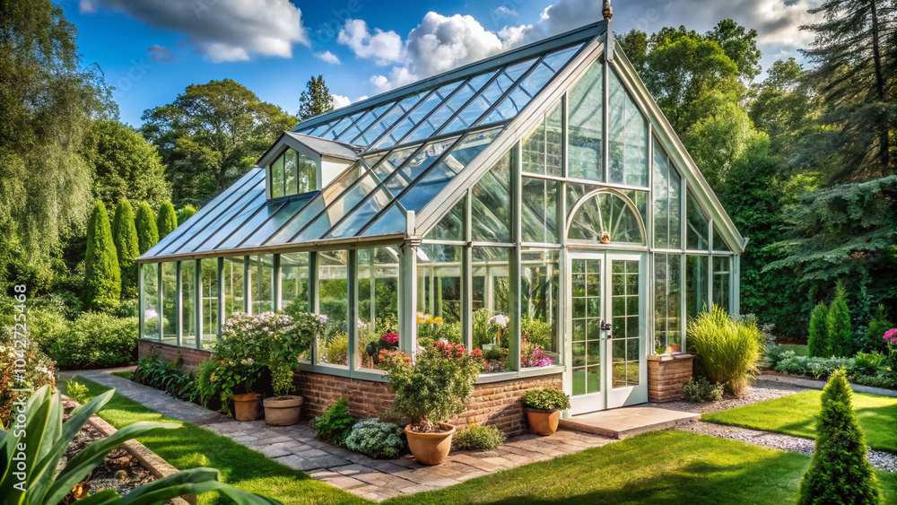 greenhouse with flowers in the garden greenhouse with flowers in the garden
