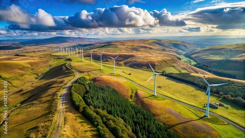 High angle view of wind turbines on Betws mountain in South Wales UK photo