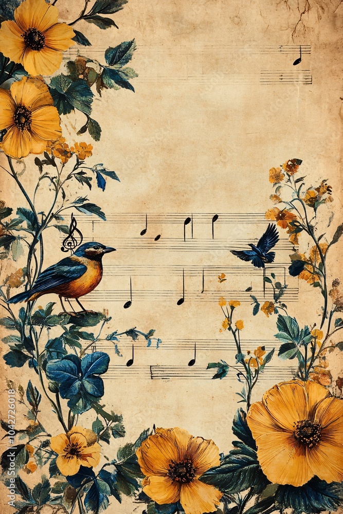 Naklejka premium A serene blend of nature and music illustrative floral design featuring birds and sheet music on vintage background