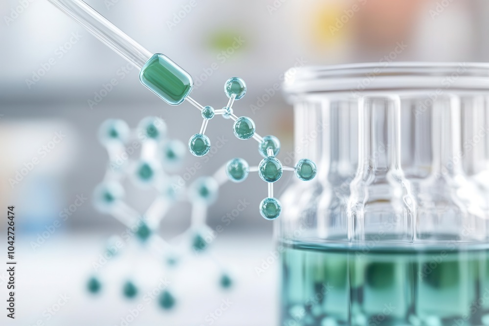 Close-up of antiviral drug dissolving in a fluid, focus on molecular structures, clean background