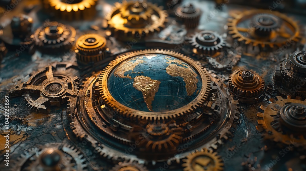 Obraz premium Globe World Map Visualization with gear and machinery 