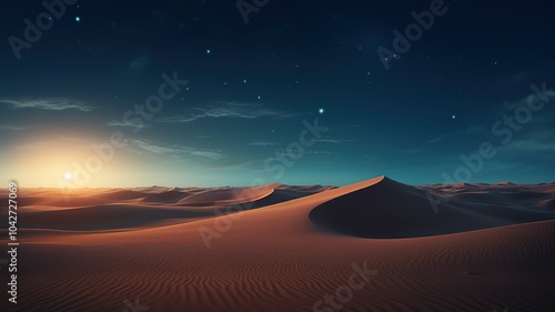 A vibrant, stylized image of a sand dune landscape at dusk, with a starry sky emerging and the dunes illuminated by a soft, ethereal glow, creating a magical, otherworldly atmosphere.