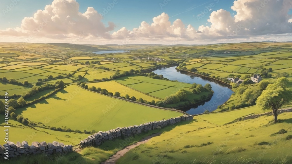 Fototapeta premium Scenic landscape of lush green fields and a winding river under a bright sky with fluffy clouds