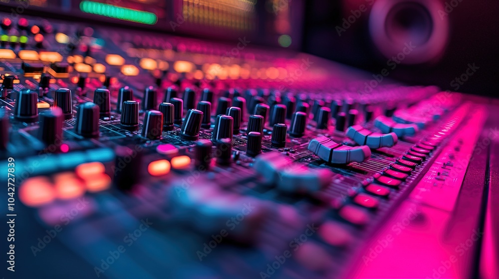 Colorful music audio mixing board in closeup of a recording Colorful music audio mixing board in closeup of a recording
