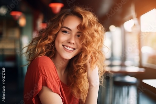 Portrait of a beautiful young woman with curly red hair in a cafe