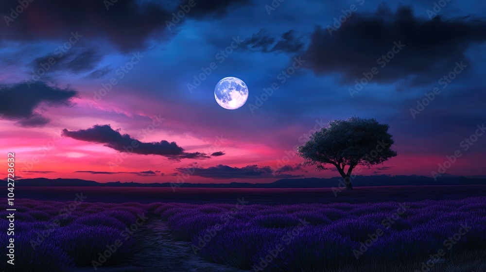 Glowing Lavender Fields Under a Full Moon Glowing Lavender Fields Under a Full Moon