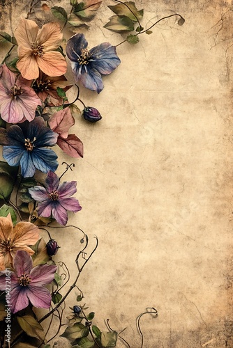 A beautiful floral arrangement of delicate flowers and leaves on a vintage background for artistic inspiration and decoration