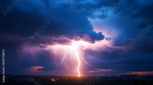 Powerful storm with bright lightning bolt striking through dramatic dark cloudy sky at sunset