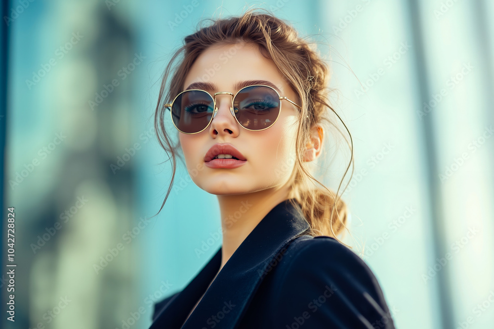 A woman wearing sunglasses and a black jacket, with her hair styled in loose waves A woman wearing sunglasses and a black jacket, with her hair styled in loose waves