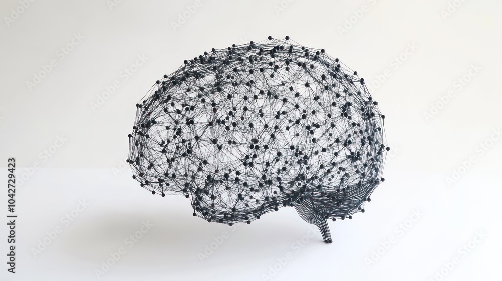 A 3D representation of a brain made from interconnected lines and nodes. A 3D representation of a brain made from interconnected lines and nodes.