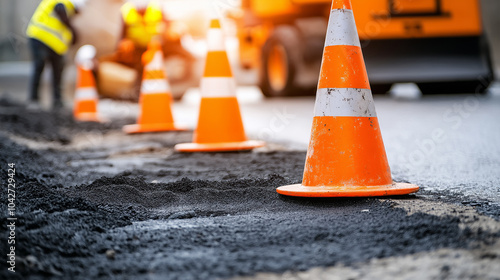 Close-up of traffic cones on a freshly paved road during construction, highlighting safety measures and roadwork.