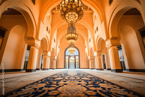 Towering arches and intricate details of a grand mosque prayer hall, showcasing the beauty of Islamic architecture