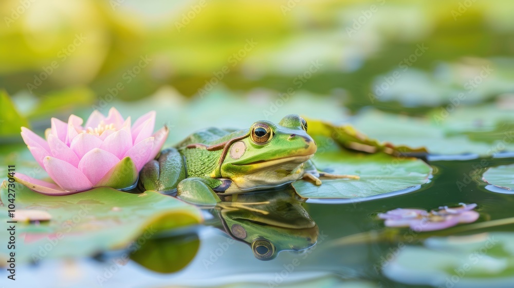 A vibrant green frog sits peacefully on a lily pad, next to delicate lotus flowers in a tranquil pond during a sunny day A vibrant green frog sits peacefully on a lily pad, next to delicate lotus flowers in a tranquil pond during a sunny day