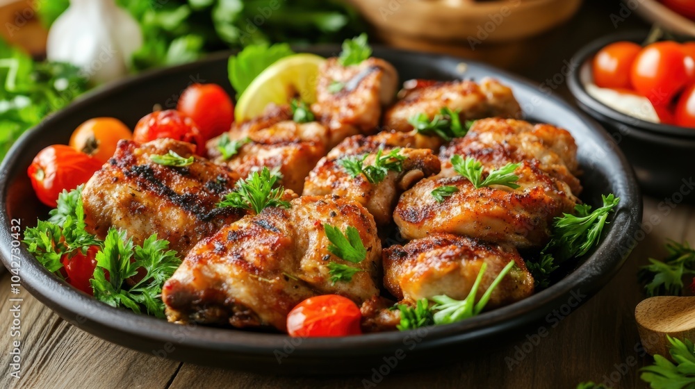 A delicious platter of grilled chicken with cherry tomatoes and fresh herbs. A delicious platter of grilled chicken with cherry tomatoes and fresh herbs.