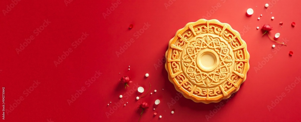 Obraz premium Cartoon greeting card with Mooncakes and fall leaves on red background. Mid-autumn festival greeting card. Traditional holiday sweet food for Chinese festive.