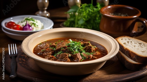 An elegant presentation of goulash served in a deep bowl, with a garnish of fresh parsley and a side of crusty bread, set against a simple, clean table setting.