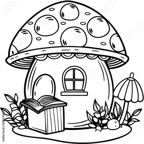 Whimsical Mushroom House Line Art Ideal for Cozy Coloring Pages