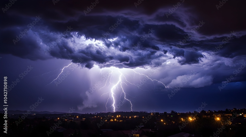 Striking Lightning Bolt Illuminating Dramatic Stormy Sky with Ominous Dark Clouds at Night Striking Lightning Bolt Illuminating Dramatic Stormy Sky with Ominous Dark Clouds at Night