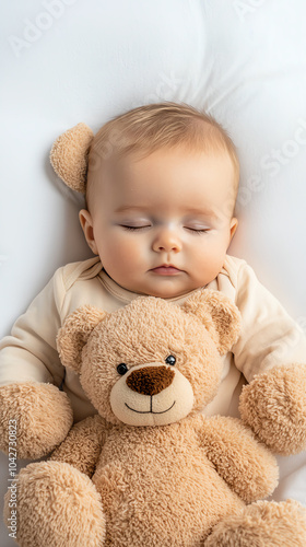 Adorable baby sleeping peacefully with teddy bear in cozy setting