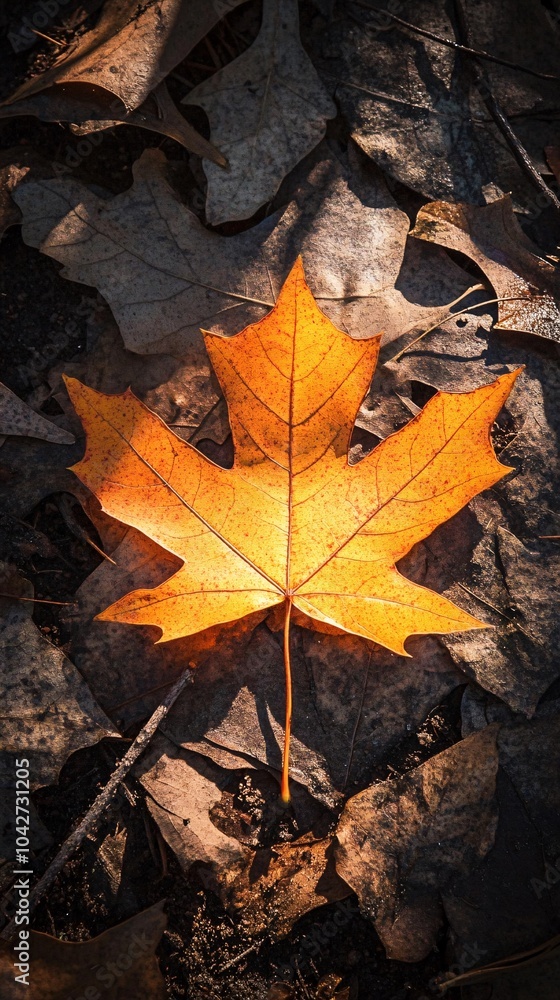 A vibrant orange maple leaf rests on a bed of brown leaves, showcasing nature's beauty in autumn. Perfect for seasonal decor or nature-themed projects. A vibrant orange maple leaf rests on a bed of brown leaves, showcasing nature's beauty in autumn. Perfect for seasonal decor or nature-themed projects.